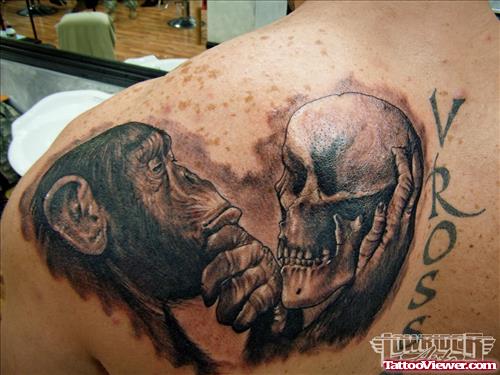 Monkey And Skull Tattoo On Back Shoulder