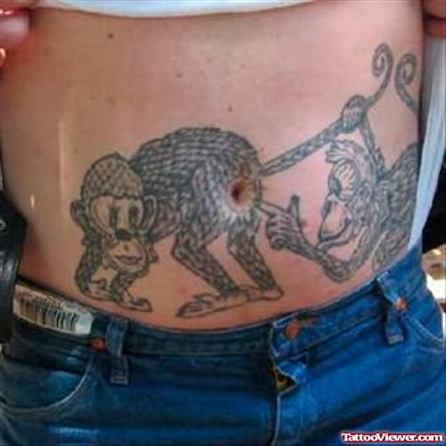 Mokeys Funny Tattoo On Belly
