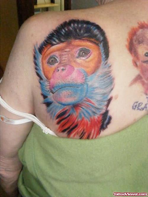 coloured Monkey Head Tattoo On Back