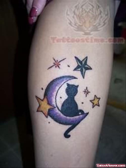 Cat Sitting On Moon Tattoo