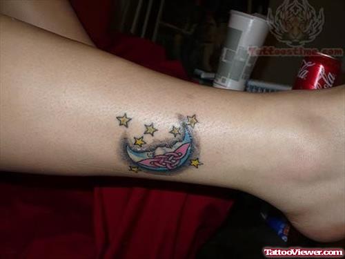 Star And Moon Tattoo On Leg