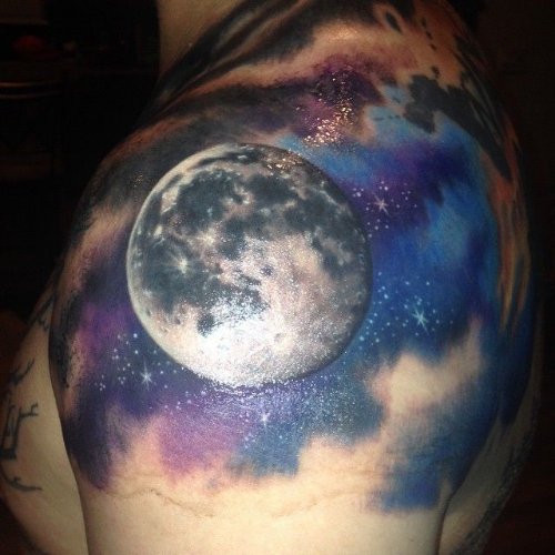 Man With Moon Tattoo On Left Shoulder