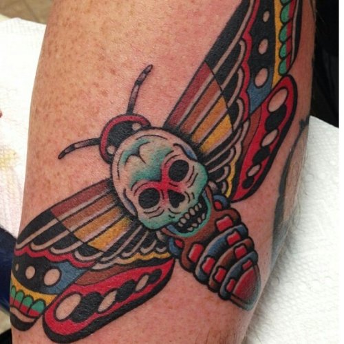 Colored Ink Skull Moth Tattoo