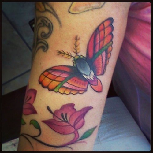 Beautiful Flower And Moth Color Ink Tattoo