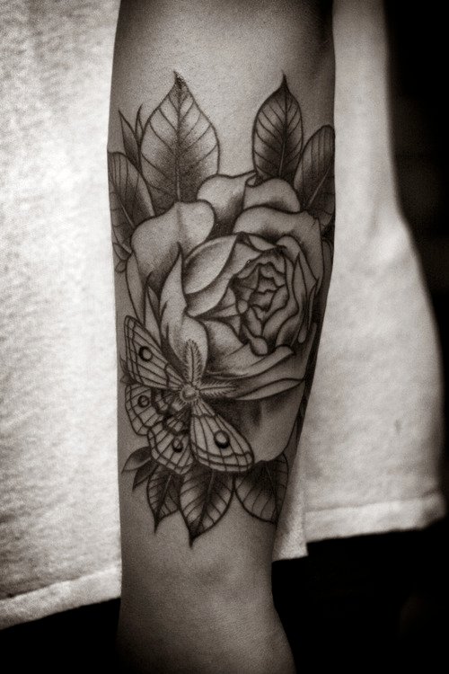 Grey ink rose And Moth Tattoo on Left Forearm