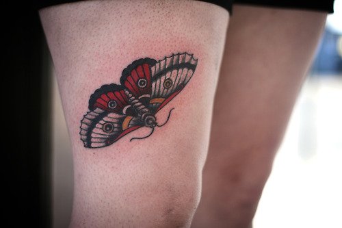 Right Thigh Color Ink Moth Tattoo
