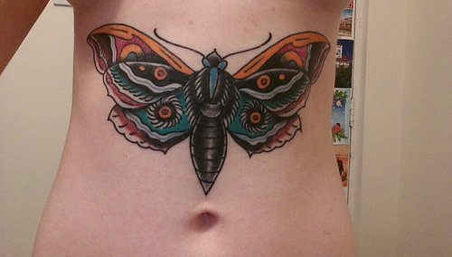 Great Colored Ink Moth Tattoo On Stomach