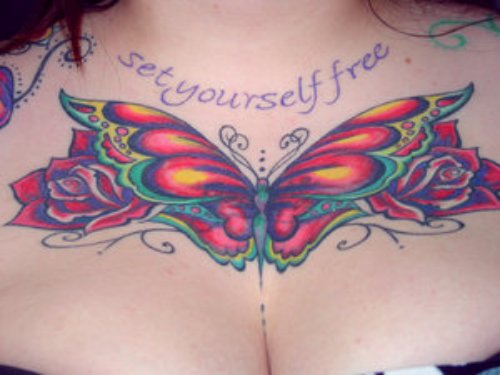 Traditional Moth Butterfly Color Ink Tattoo On Chest