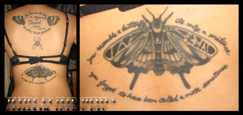Lettering And Moth Grey Ink Back Body Tattoo