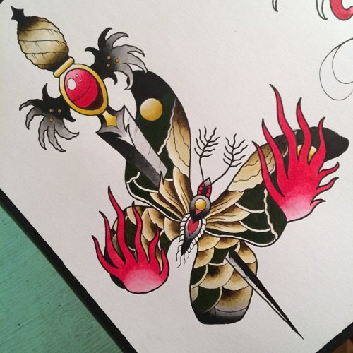 Dagger And Moth Color Ink Tattoo Design