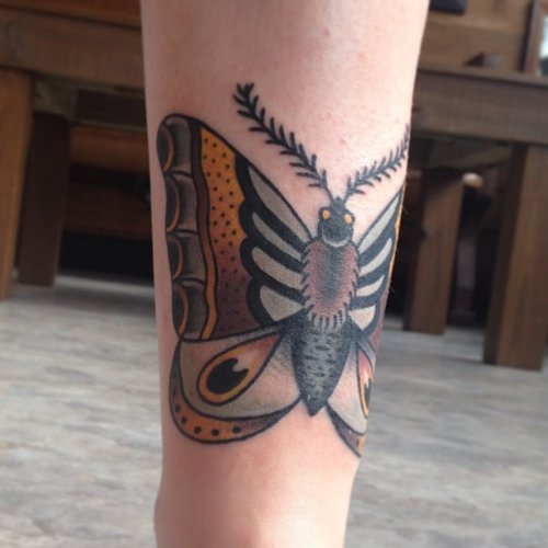 Grey Ink Moth Leg Tattoo