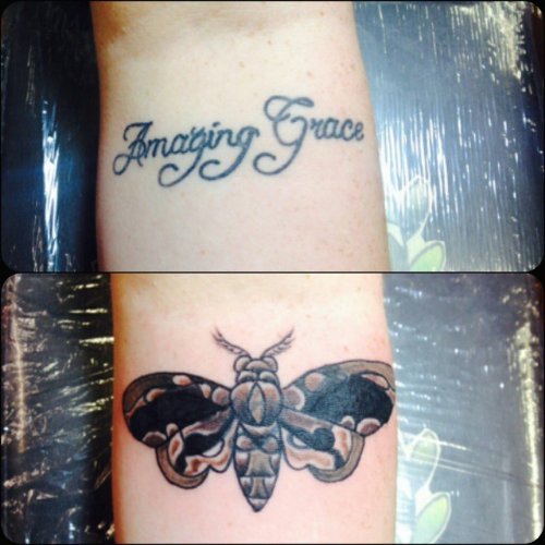 Amazing Grace Moth Tattoo On Arm