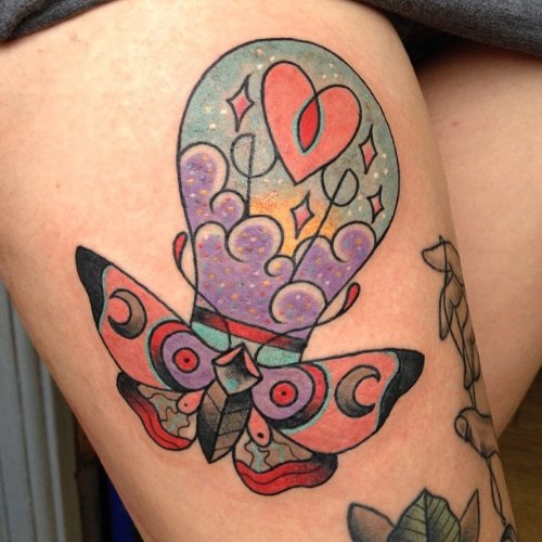 Moth And Bulb Color Ink Tattoo On Right Thigh
