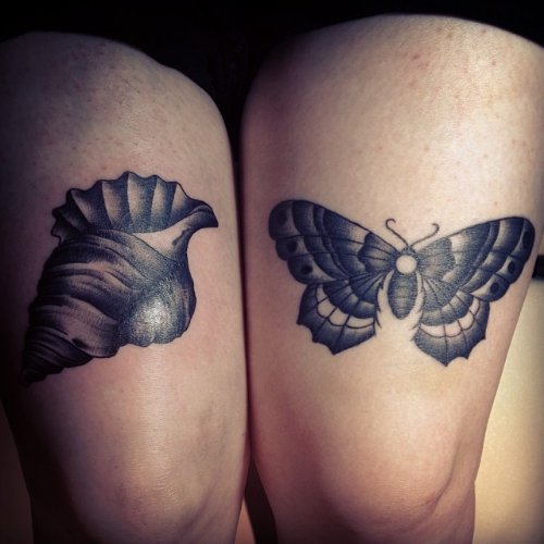 Grey Ink Shell And Moth Tattoos On thigh