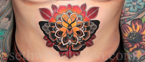 Flower And Moth Tattoo On Belly