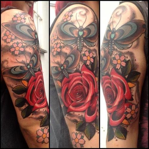 Red Rose And Cherry Blossom Flower Moth Tattoo On Half Sleeve