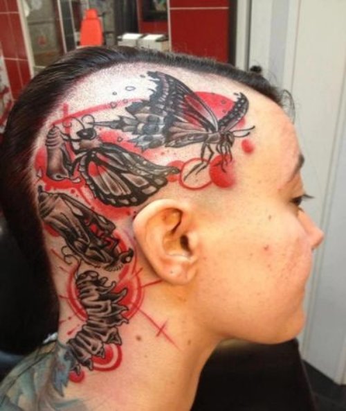 Black Ink Moth Tattoo On Girl Head
