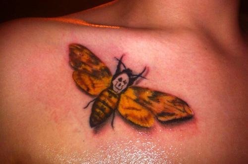 Collarbone Moth Color Ink Tattoo