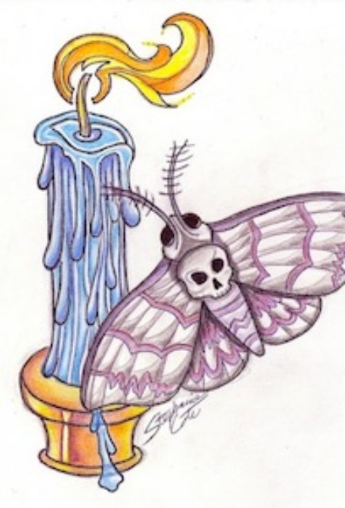Burning Candle And Moth Tattoo Design