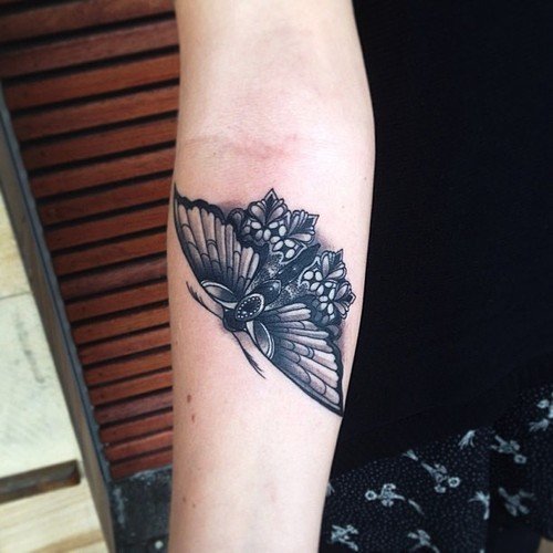 Nice Right Arm Grey Ink Moth Tattoo