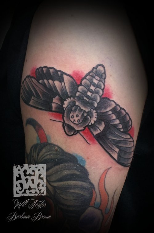 Dreadful Grey Ink Bicep Moth Tattoo