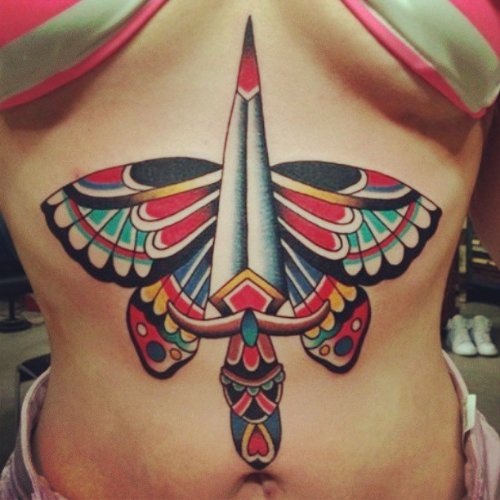 Moth Colored Ink Dagger And Moth Tattoo