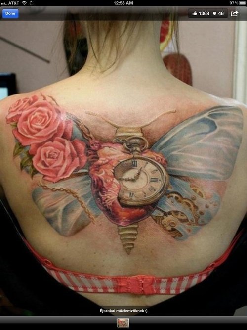Pink Rose and Clock Moth Tattoo On Girl Back