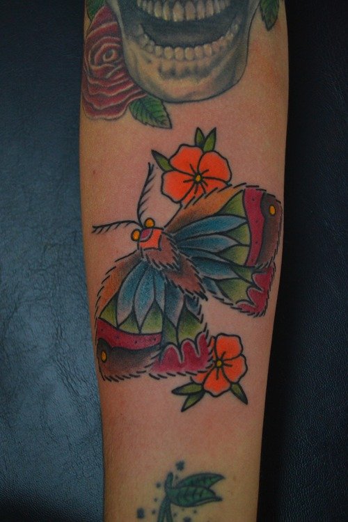 Yellow Flowers and Moth Color ink Tattoo