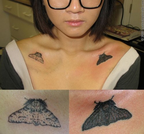 Moth Tattoos On Girl Collarbone