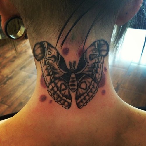 Back Neck Moth Tattoo For Girls