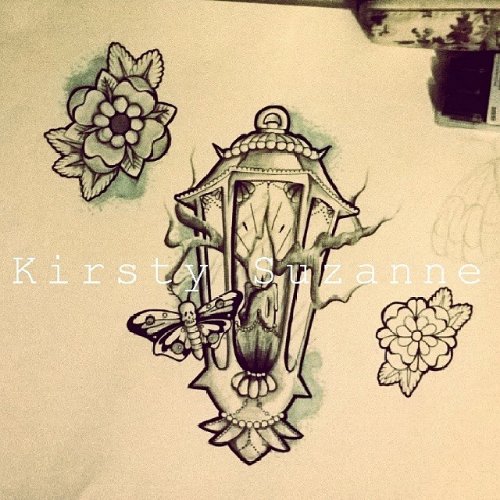 Flower and Moth Candle Lamp Tattoo Design