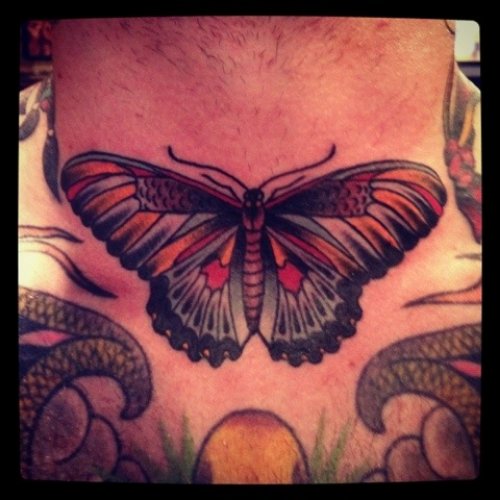Neck Colored Ink Moth Tattoo For Men