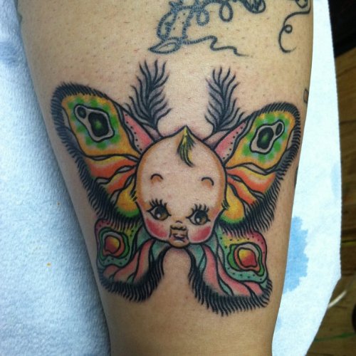 Baby Head Moth Colored Ink Tattoo
