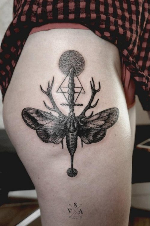 Geometric Grey ink Moth Tattoo On Thigh