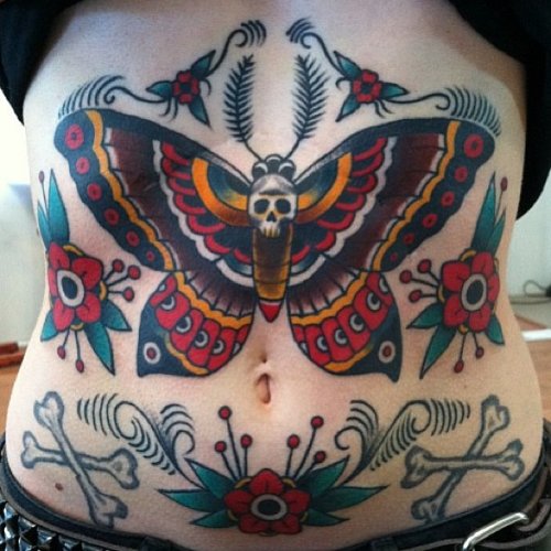 Color Flowers And Butterfly Moth Tattoo On Belly