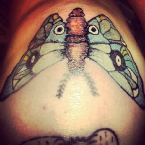 Shoulder Blue Ink Moth Tattoo