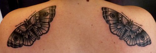 Grey ink Flying Moth Tattoos On Back Shoulders