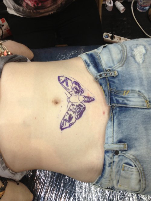 Moth Black Ink Tattoo On Girl Belly