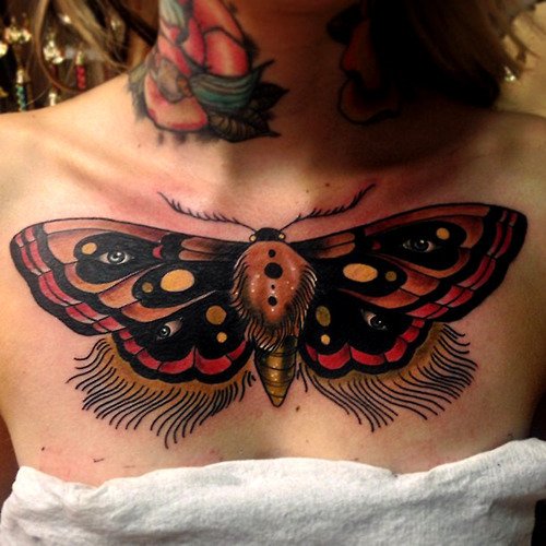 Color Ink Moth Tattoo On Girl Chest