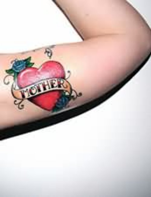 Bicep Red Heart With Mother Banner Tattoo