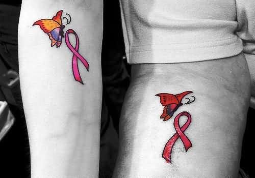 Ribbon And Flying Butterflies Daughter And Mother Tattoos