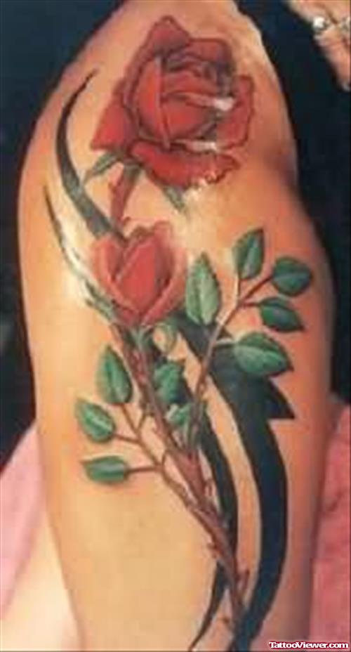 Red Rose Flower Tattoo On Muscle
