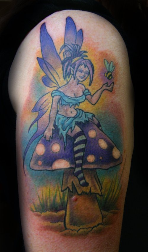 Half Sleeve Mushroom And Sitting Fairy Tattoo