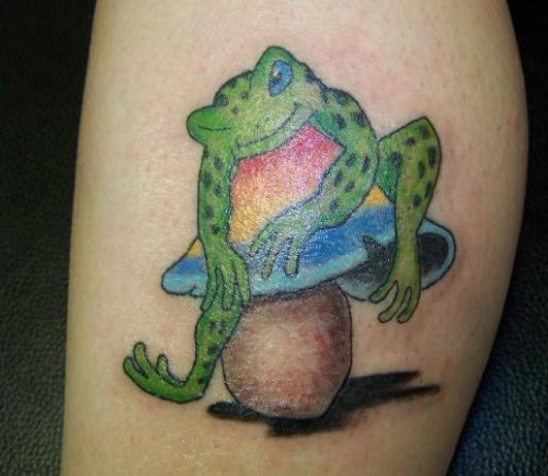 Green Ink Frog And Mushroom Colored Tattoo
