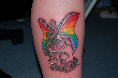 Colorful Winged Fairy and Mushroom Tattoo