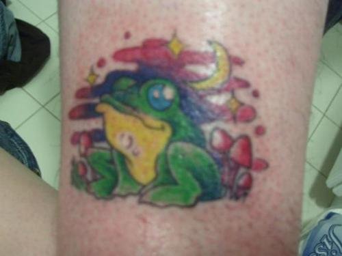 Green Ink Frog And Mushrooms Tattoos
