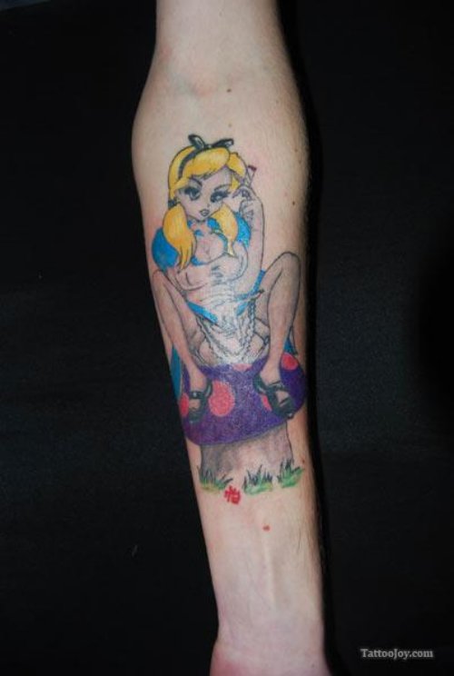 Girl Sitting on Mushroom Color Ink Tattoo On Arm