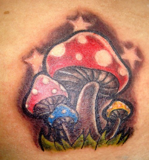 Amazing Colored Mushroom Family Tattoo