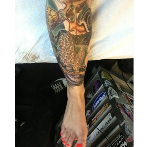 Snail and Mushroom Tattoo On Right Leg