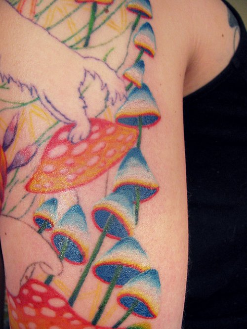 Ynique Colored Mushrooms Tattoos on Half Sleeve